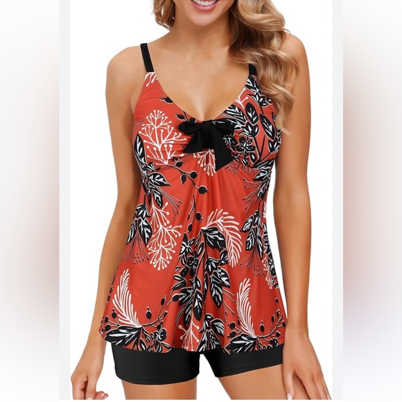 Other - Womens High Neck Blouson Printed Tankini Top and Boy Shorts Modest Swimsuit M